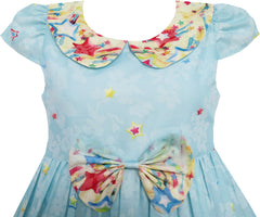 Girls Dress Star Sky Print Turn-down Collar Short Sleeve Blue Size 4-10 Years