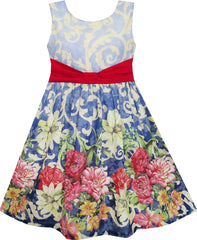Girls Dress Sleeveless Blooming Flower Garden Print Blue Size 4-12 Years