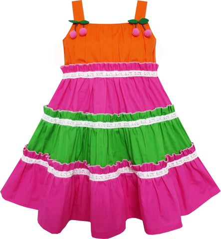 Girls Dress Striped Green Pink Lace Peach Fruit Size 2-6 Years