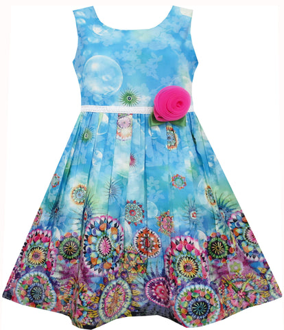 Girls Dress Sleeveless Sky Bubble Flower Painting Style Blue Size 4-12 Years