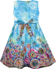 Girls Dress Sleeveless Sky Bubble Flower Painting Style Blue Size 4-12 Years