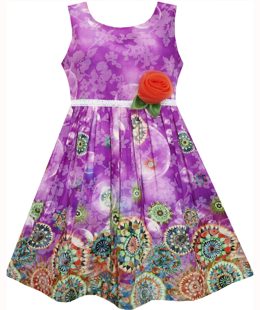Girls Dress Sleeveless Bubble Flower Painting Style Purple Size 4-12 Years