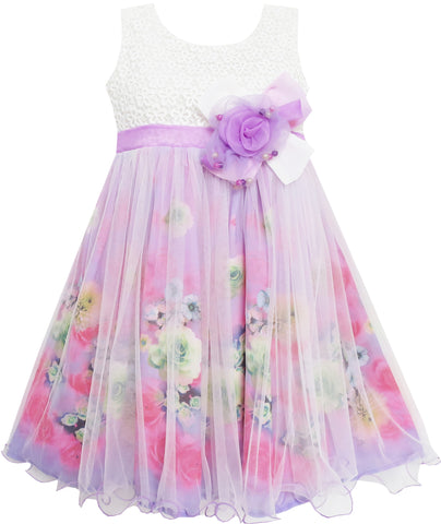 Girls Dress Rose Flower Detailing Tulle Overlay Purple Size 7-14 Years