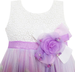 Girls Dress Rose Flower Detailing Tulle Overlay Purple Size 7-14 Years