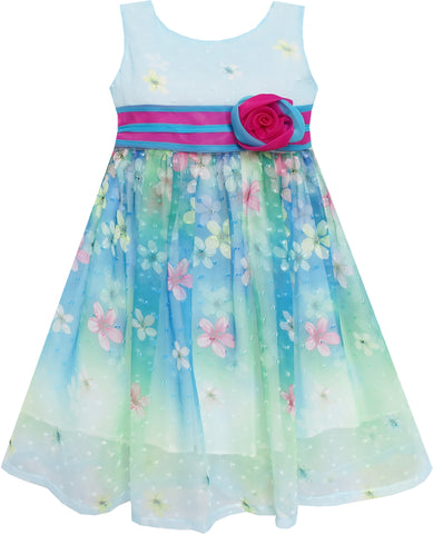 Girls Dress A-line Flower Detailing Rose Striped Princess Blue Size 4-10 Years