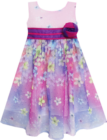 Girls Dress A-line Flower Detailing Rose Striped Party Purple Size 4-10 Years