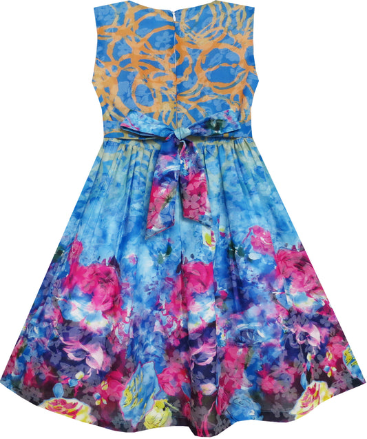 Girls Dress Embroidered Sash Blooming Flower Painting Style Blue Size 4-12 Years