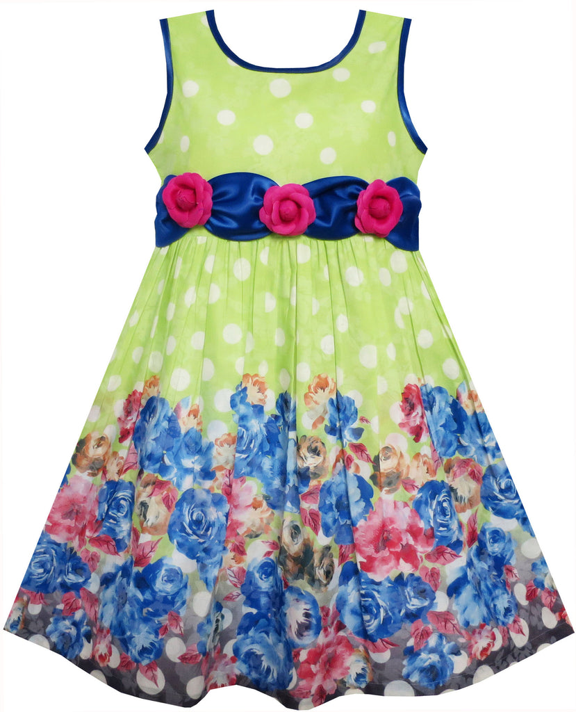 Girls Dress Sleeveless Polka Dot Rose Flower Garden Green Print Size 4-12 Years