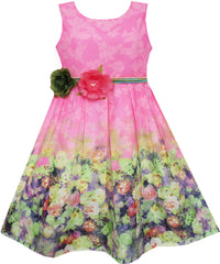 Girls Dress Sleeveless Blooming Rose Flower Garden Print Pink Size 4-12 Years
