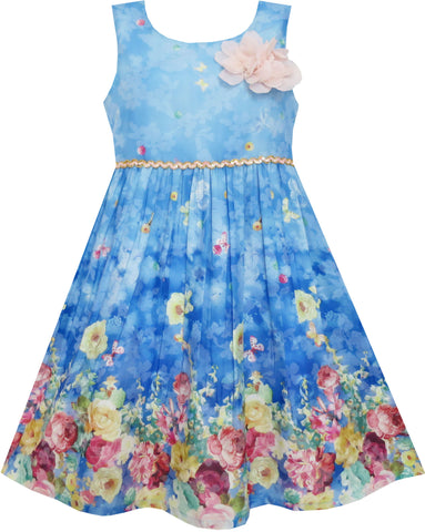 Girls Dress Sky Butterfly Blooming Rose Flower Garden Print Blue Size 4-12 Years