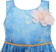 Girls Dress Sky Butterfly Blooming Rose Flower Garden Print Blue Size 4-12 Years