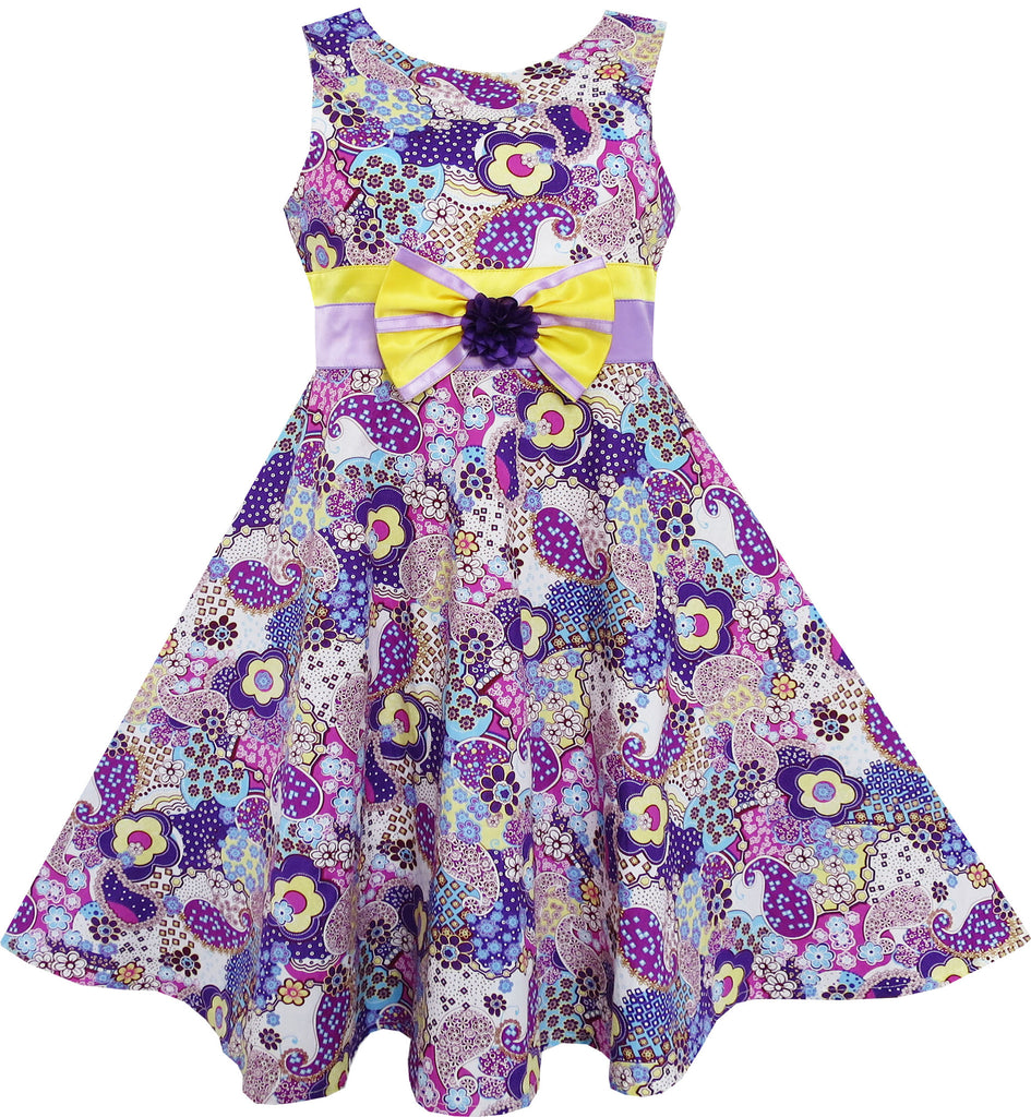 Girls Dress Sleeveless Paisley Flower Print Bow Tie Purple Size 4-10 Years