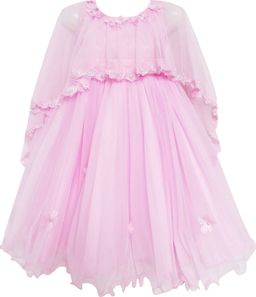 Girls Dress Wedding Flower Girl Lace Tulle Overlay With Shawl Pink Size 4-10 Years