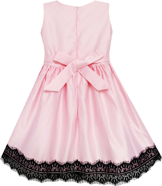 Girls Dress Satin Lace Trim Beading Wedding Shining Pink Size 4-10 Years