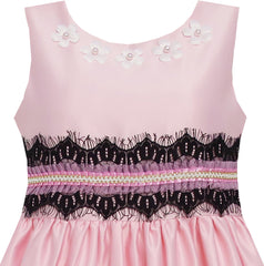 Girls Dress Satin Lace Trim Beading Wedding Shining Pink Size 4-10 Years