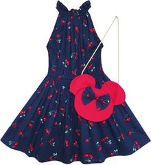 Girls Dress Cherry Fruit Print Cotton With Cute Handbag Blue Size 4-8 Years