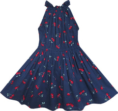 Girls Dress Cherry Fruit Print Cotton With Cute Handbag Blue Size 4-8 Years