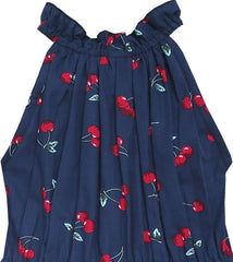 Girls Dress Cherry Fruit Print Cotton With Cute Handbag Blue Size 4-8 Years
