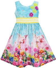 Girls Dress Blooming Rose Garden Flower Print Sleeveless Blue Size 4-12 Years