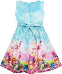Girls Dress Blooming Rose Garden Flower Print Sleeveless Blue Size 4-12 Years