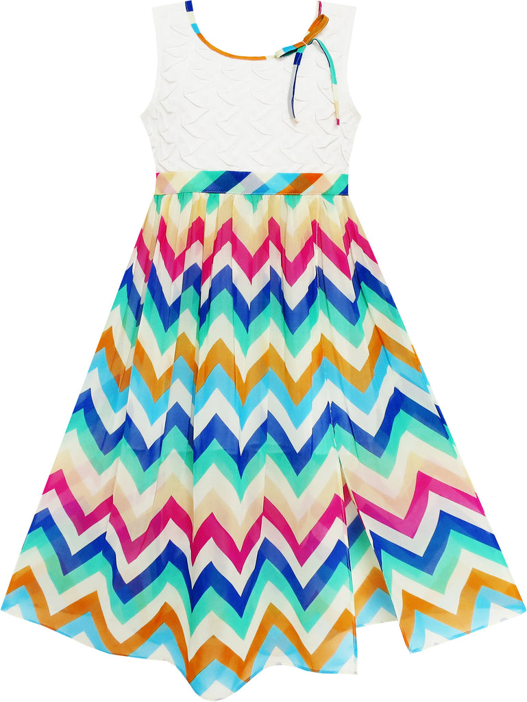 Girls Dress Lace Bodice Multicolor Wave Rainbow Striped Size 7-14 Years