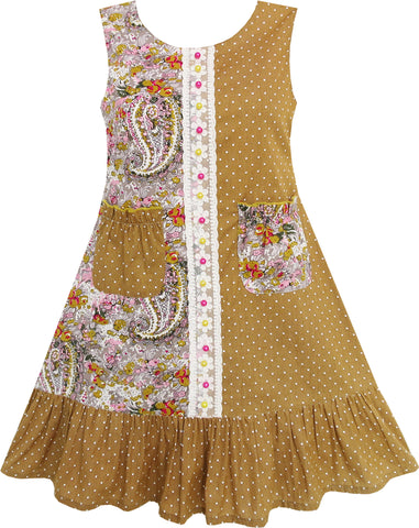 Girls Dress Asymmetry Design Flower Dot Bead Pockets Yellow Size 7-14 Years