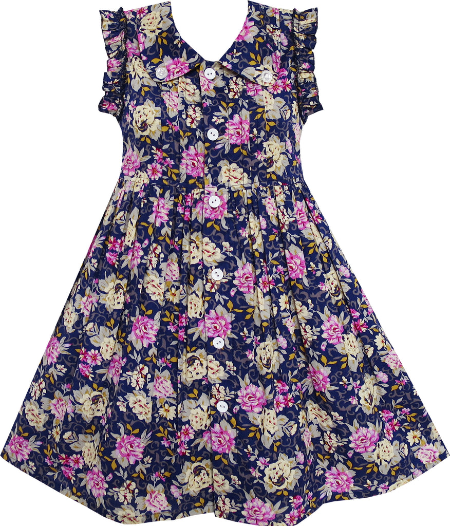 Girls Dress Turn-down Collar Button Front Flower Print Size 4-10 Years