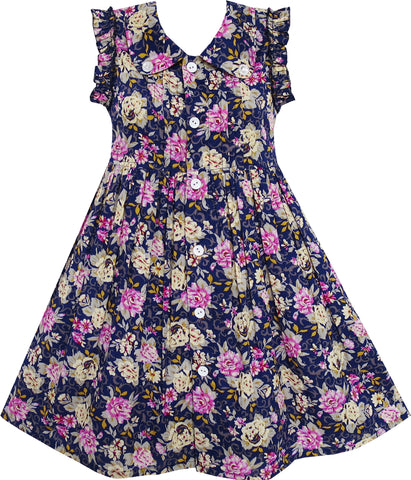 Girls Dress Turn-down Collar Button Front Flower Print Size 4-10 Years