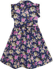 Girls Dress Turn-down Collar Button Front Flower Print Size 4-10 Years