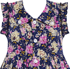 Girls Dress Turn-down Collar Button Front Flower Print Size 4-10 Years