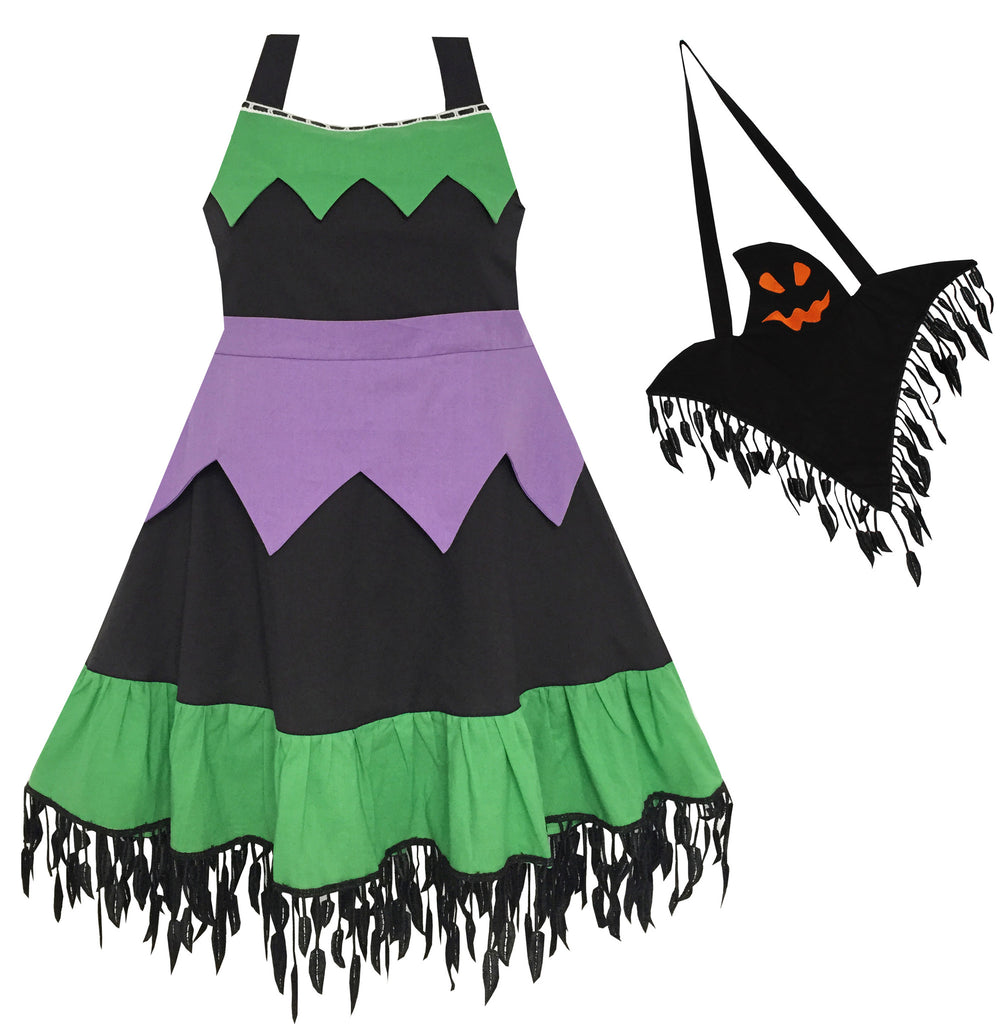Girls Dress Halloween Witch Costume Ghost Bag Black Green Size 5-12 Years