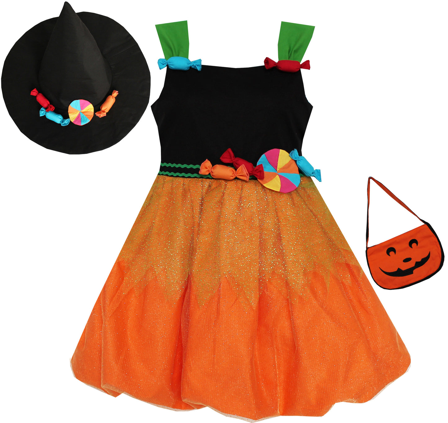 Girls Dress Halloween Candy Pumpkin Handbag Orange Black Size 4-8 Years