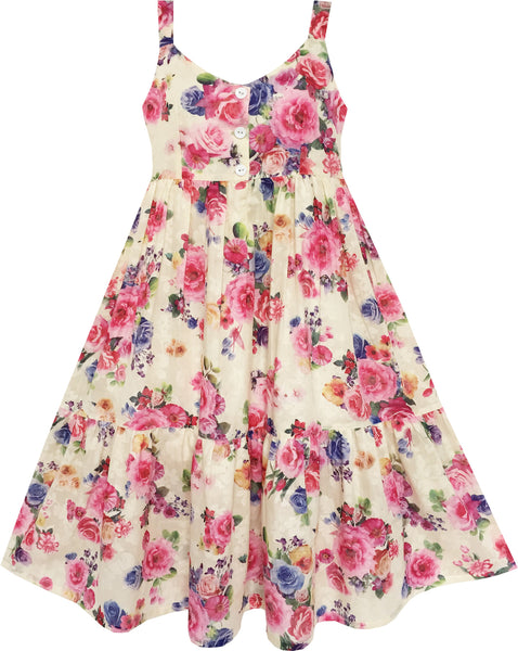 Girls Dress Full Length Flower Print With Hat Flower Pink – Sunny Fashion