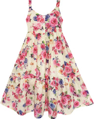 Girls Dress Full Length Flower Print With Hat Flower Pink Size 7-14 Years
