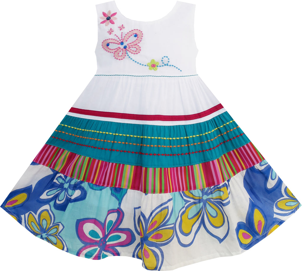Girls Dress Little Girls Floral Striped Embroidery Butterfly Size 12M-5 Years