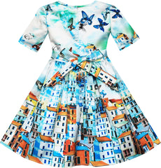 Girls Dress Satin Blue Sky Butterfly City Building Print Size 4-10 Years