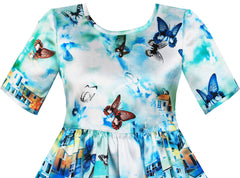 Girls Dress Satin Blue Sky Butterfly City Building Print Size 4-10 Years