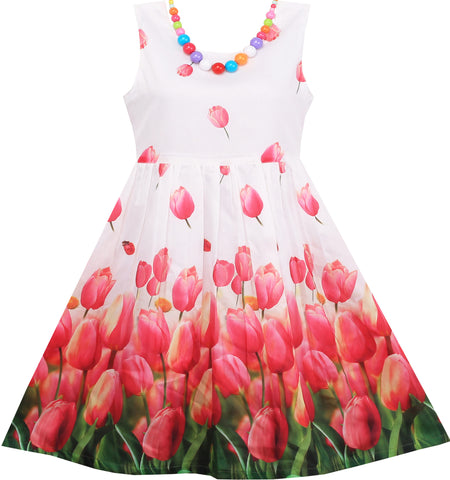 Girls Dress Tulip Flower Garden With Necklace Pink Size 4-12 Years