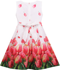 Girls Dress Tulip Flower Garden With Necklace Pink Size 4-12 Years