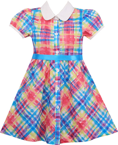 Girls Dress Turn Down Collar Checkered Princess Size 7-14 Years