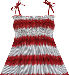 Girls Dress Sleeveless Smocked Halter Striped Deep Red Size 2-10 Years