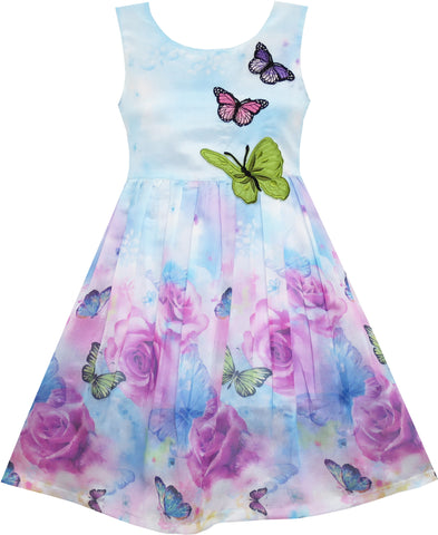 Girls Dress Rose Flower Print Butterfly Embroidery Purple Size 4-12 Years