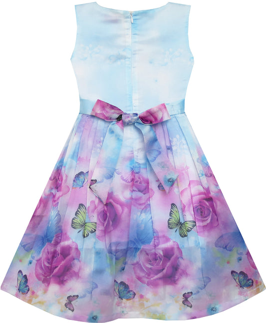 Girls Dress Rose Flower Print Butterfly Embroidery Size 4-12 Years