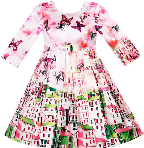 Girls Dress Satin Silk Butterfly City Building View Pink Size 4-10 Years