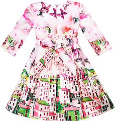 Girls Dress Satin Silk Butterfly City Building View Pink Size 4-10 Years