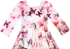 Girls Dress Satin Silk Butterfly City Building View Pink Size 4-10 Years