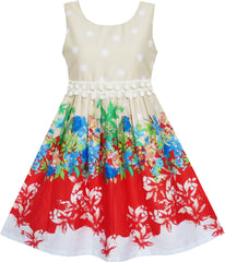 Girls Dress Sleeveless Rose Flower Polka Dot Red Size 4-12 Years