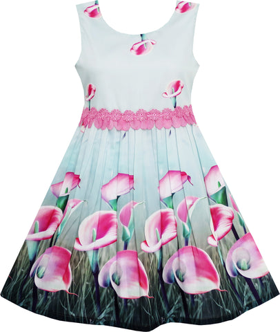 Girls Dress Pink Calla Lily Flower Garden Print Lace Waist Size 4-12 Years