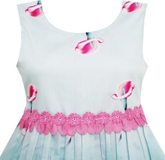 Girls Dress Pink Calla Lily Flower Garden Print Lace Waist Size 4-12 Years