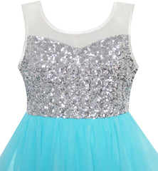 Girls Dress Sequin Mesh Party Wedding Princess Tulle Blue Size 7-14 Years